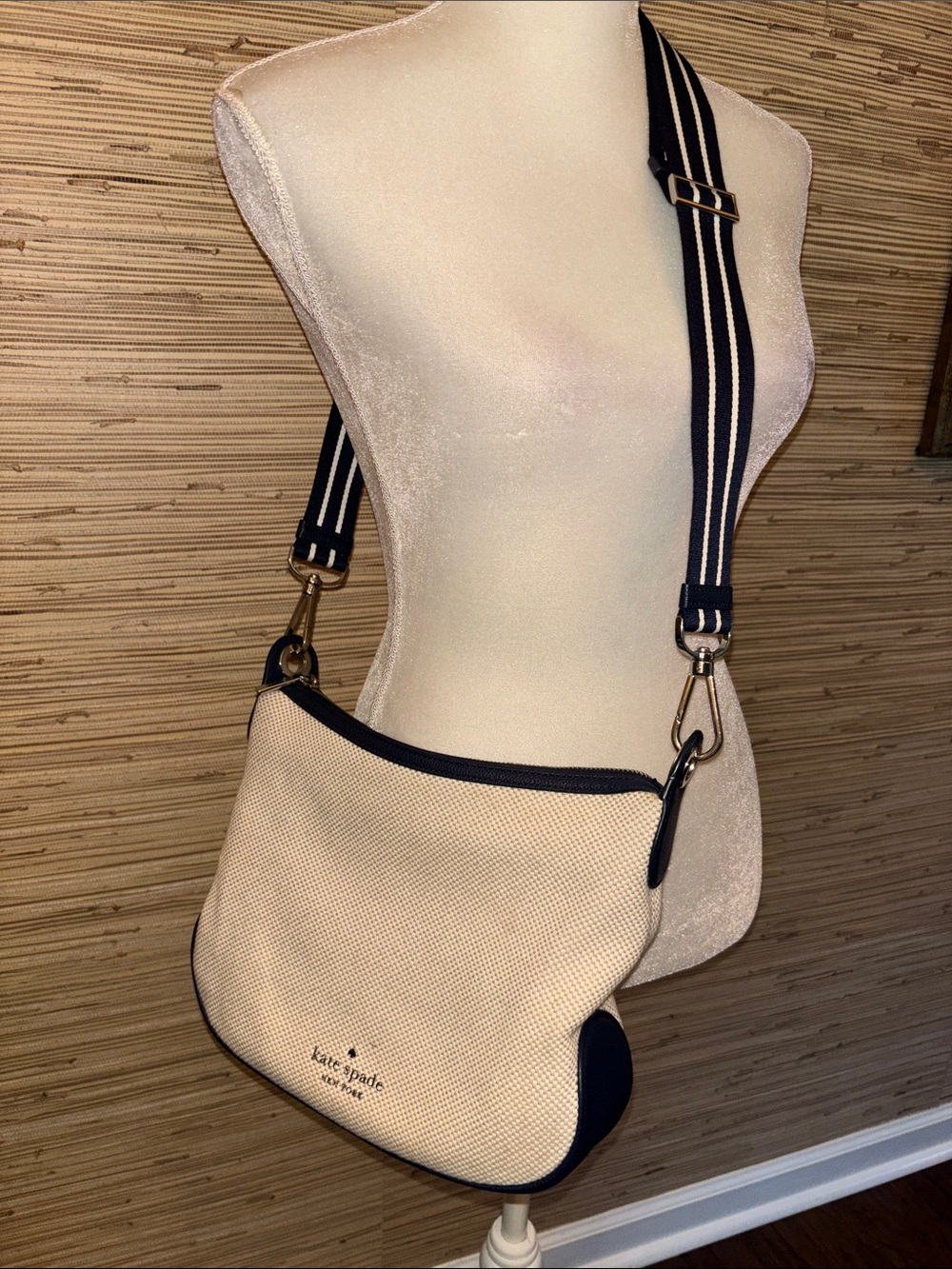 kate spade Cream Canvas Crossbody with Navy Trim and Striped Strap EUC!